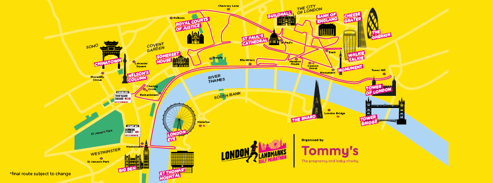 A graphic map of the route of the London Landmarks Half Marathon, taking in the major iconic land marks from Tower Bridge to Big Ben